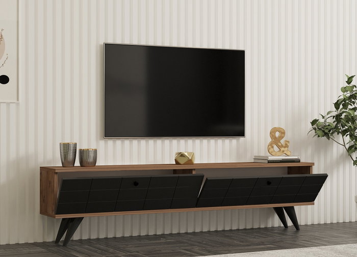 Hanah Home Soporte de TV 160cm Pino Atlántico y Antracita con Puerta Madera Maciza y Estantes para Salón